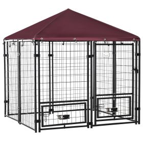 Outdoor Dog Kennel, Run, Large Wire Steel Fence, Lockable Pet Playpen Enclosure, with Water-, UV-Resistant Canopy Top, Door, Rotating Bowl Holder