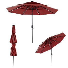 10FT 3-Tier Solar Patio Umbrella With 32 LED Lights, Outdoor Umbrellas With Push Button Tilt And Crank (Color: Red)