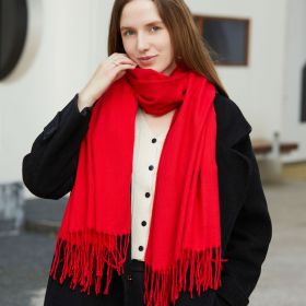 Wholesale Korean simple pure color cashmere like polyester warm shawl monochrome long tassel scarf thickened scarf (Length (CM): 70*190cm, colour: bright red)