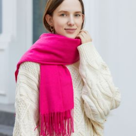 Wholesale Korean simple pure color cashmere like polyester warm shawl monochrome long tassel scarf thickened scarf (Length (CM): 70*190cm, colour: Rose red)