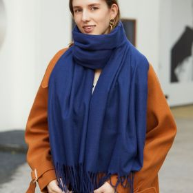 Wholesale Korean simple pure color cashmere like polyester warm shawl monochrome long tassel scarf thickened scarf (Length (CM): 70*190cm, colour: Navy blue)
