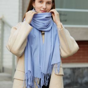 Wholesale Korean simple pure color cashmere like polyester warm shawl monochrome long tassel scarf thickened scarf (Length (CM): 70*190cm, colour: Sky blue)