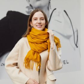 Wholesale Korean simple pure color cashmere like polyester warm shawl monochrome long tassel scarf thickened scarf (Length (CM): 70*190cm, colour: turmeric)