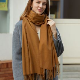 Wholesale Korean simple pure color cashmere like polyester warm shawl monochrome long tassel scarf thickened scarf (Length (CM): 70*190cm, colour: Deep camel)