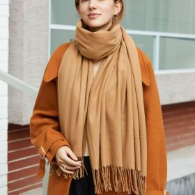 Wholesale Korean simple pure color cashmere like polyester warm shawl monochrome long tassel scarf thickened scarf (Length (CM): 70*190cm, colour: Light camel)