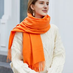 Wholesale Korean simple pure color cashmere like polyester warm shawl monochrome long tassel scarf thickened scarf (Length (CM): 70*190cm, colour: Orange red)