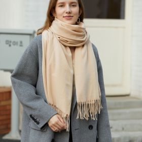 Wholesale Korean simple pure color cashmere like polyester warm shawl monochrome long tassel scarf thickened scarf (Length (CM): 70*190cm, colour: Beige)