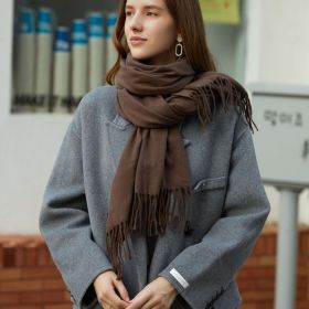 Wholesale Korean simple pure color cashmere like polyester warm shawl monochrome long tassel scarf thickened scarf (Length (CM): 70*190cm, colour: coffee)