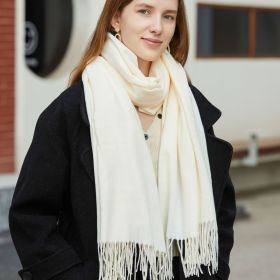 Wholesale Korean simple pure color cashmere like polyester warm shawl monochrome long tassel scarf thickened scarf (Length (CM): 70*190cm, colour: Milky white)