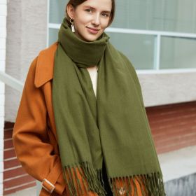 Wholesale Korean simple pure color cashmere like polyester warm shawl monochrome long tassel scarf thickened scarf (Length (CM): 70*190cm, colour: Military green)