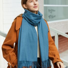 Wholesale Korean simple pure color cashmere like polyester warm shawl monochrome long tassel scarf thickened scarf (Length (CM): 70*190cm, colour: Denim blue)