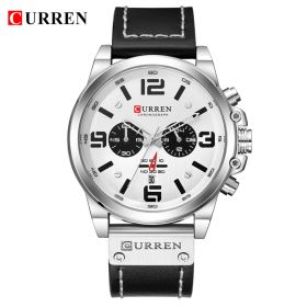 CURREN Mens Watches Top Luxury Brand Waterproof Sport Wrist Watch Chronograph Quartz Military Genuine Leather Wrist Watch (Color: Silver White)