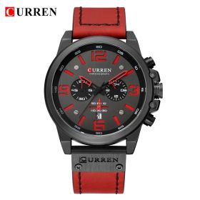 CURREN Mens Watches Top Luxury Brand Waterproof Sport Wrist Watch Chronograph Quartz Military Genuine Leather Wrist Watch (Color: Black Red)