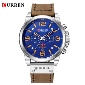 CURREN Mens Watches Top Luxury Brand Waterproof Sport Wrist Watch Chronograph Quartz Military Genuine Leather Wrist Watch (Color: Silver Blue)