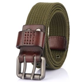 2021 New Thick Canvas Men's Double Needle Buckle Belt Jeans Casual Inner Belt (Length (CM): 120cm, colour: Military green)