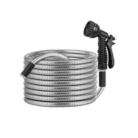 Garden Watering Kit Metal Water Hose with Nozzles (Color: Silver, Type: 50FT)