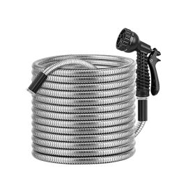 Garden Watering Kit Metal Water Hose with Nozzles (Color: Silver, Type: 100FT)